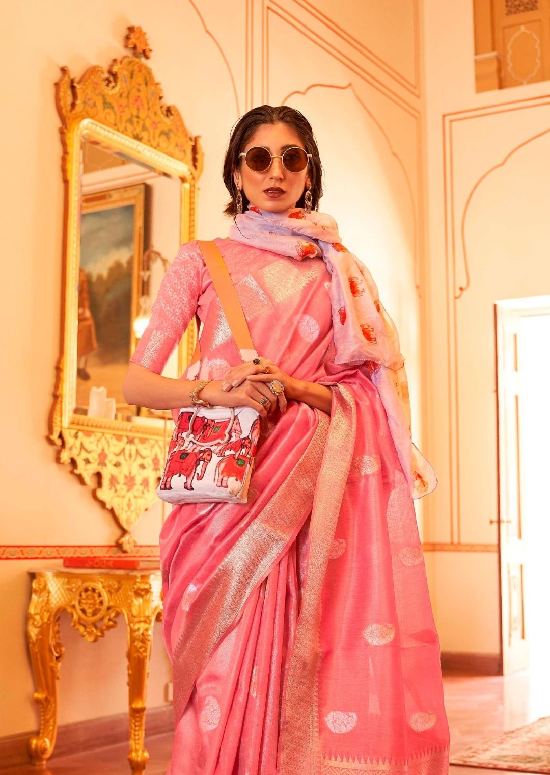 Watermelon Pink Zari Woven Pure Handloom Chanderi Silk Saree