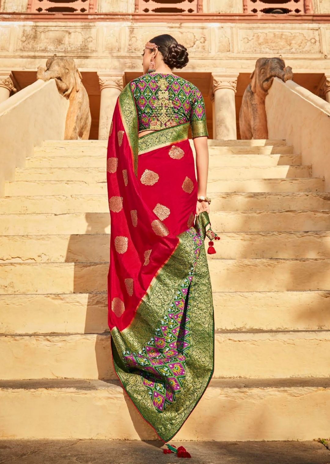 Red & Green Woven Traditional Patola Silk Saree With Embroidered Silk Blouse