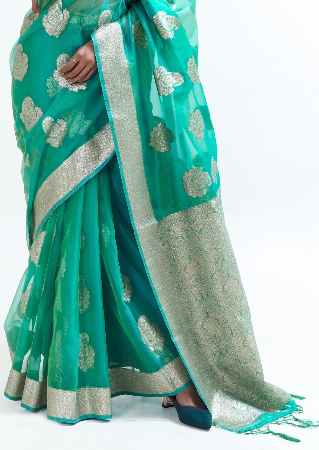 Turquoise Green Hand Woven Organza Silk Saree
