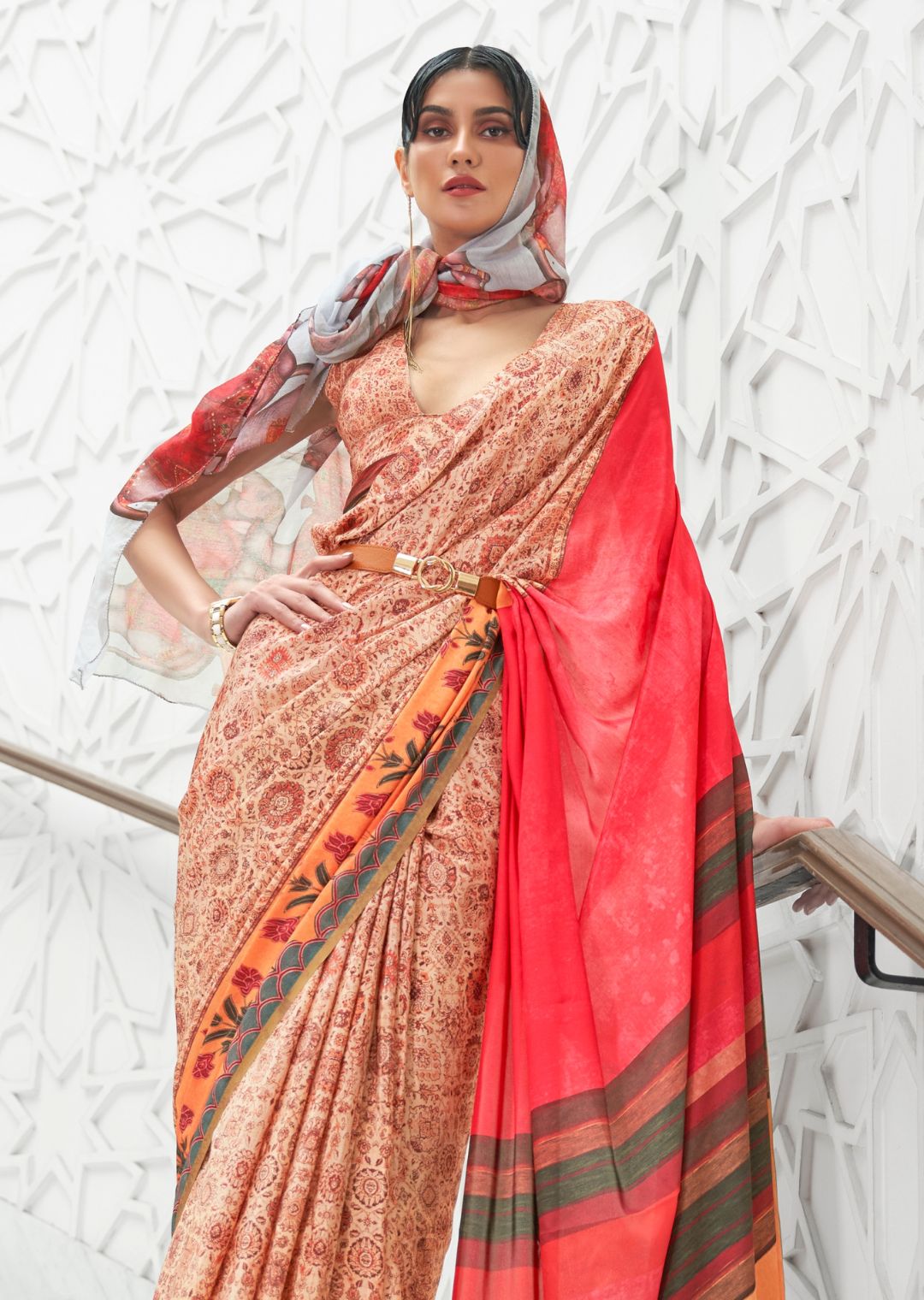 Peach Kalamkari Printed Pure Crepe Silk Saree