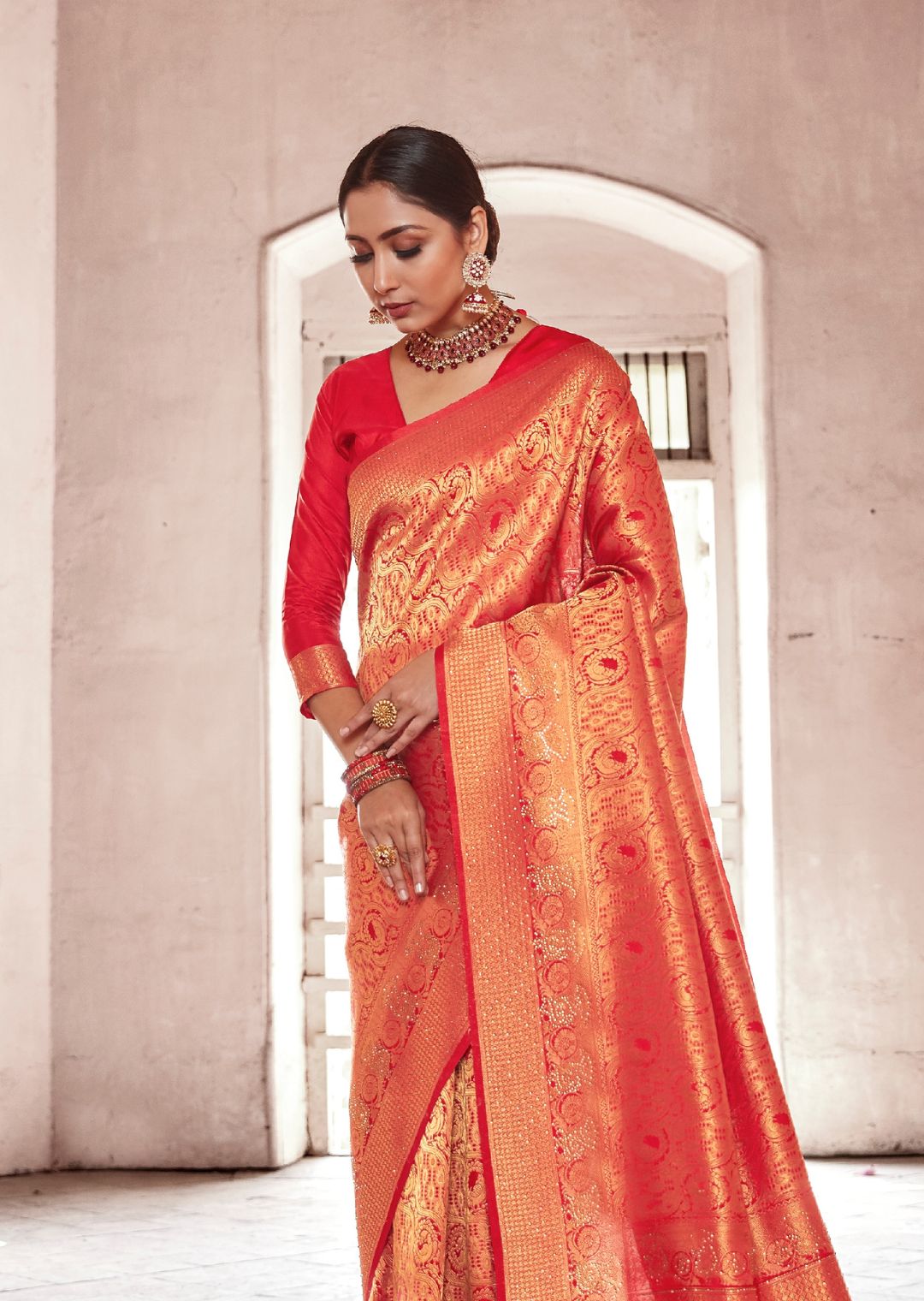 Red Swaroski Hand Woven Kanjivaram Silk Saree