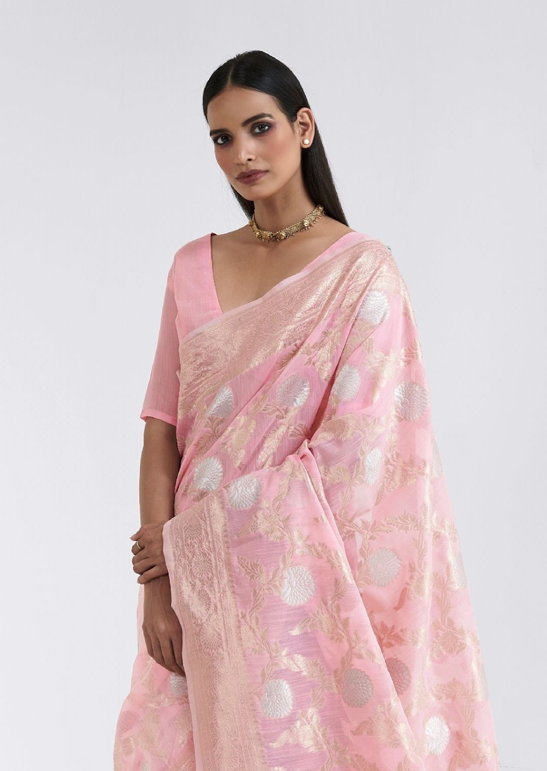 Light Lemonade Pink Zari Woven Pure Handloom Linen Saree