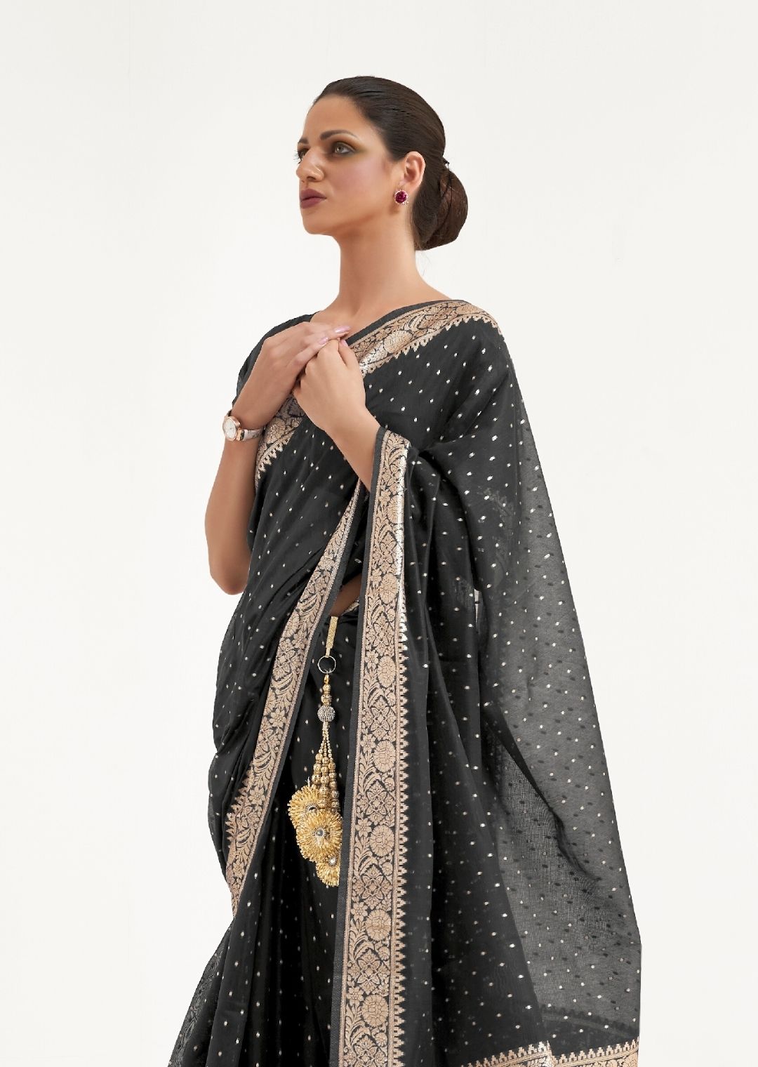 Black Woven Soft Tussar Cotton Silk Saree