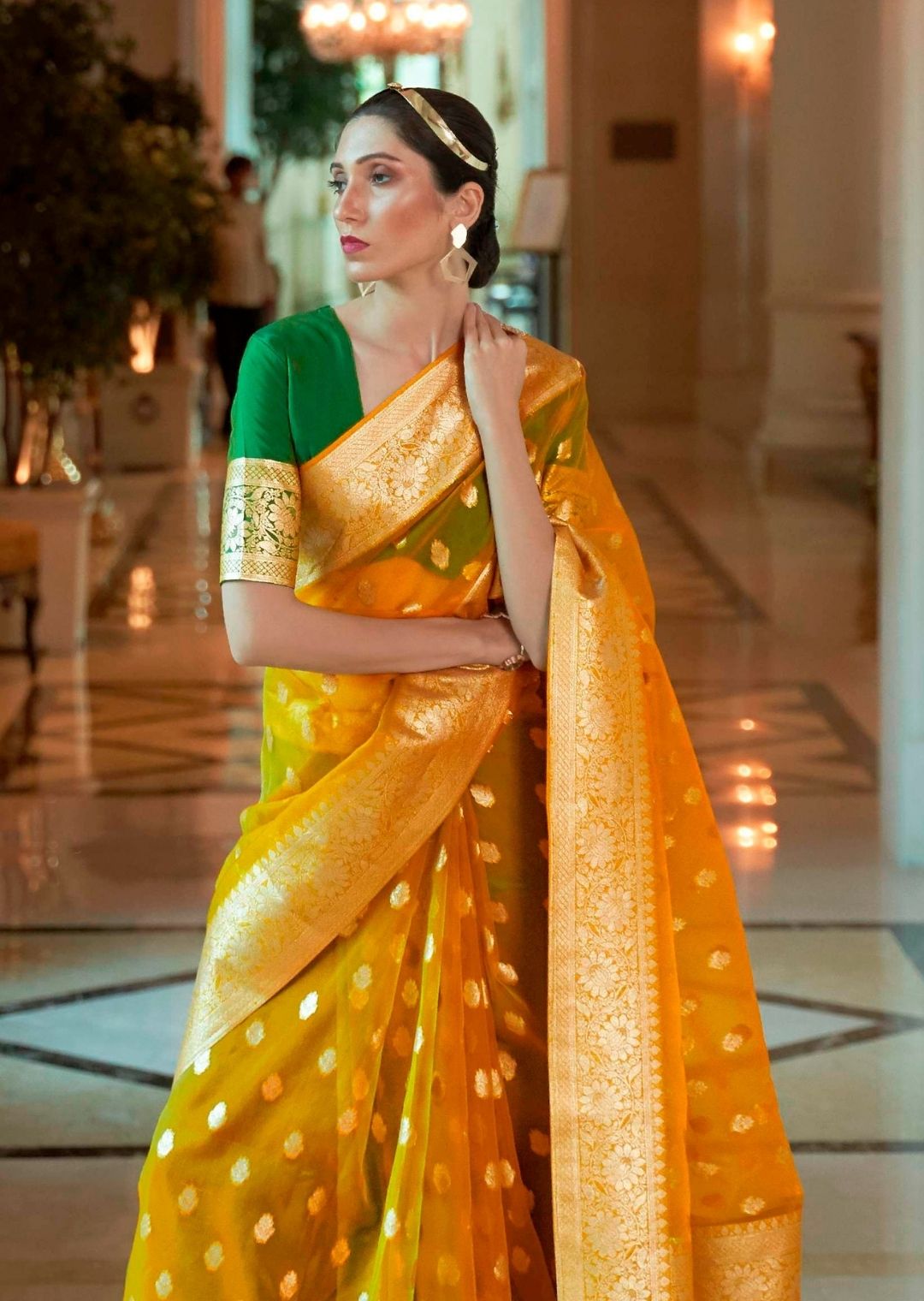 Golden Yellow Hand Woven Organza Chanderi Silk Saree