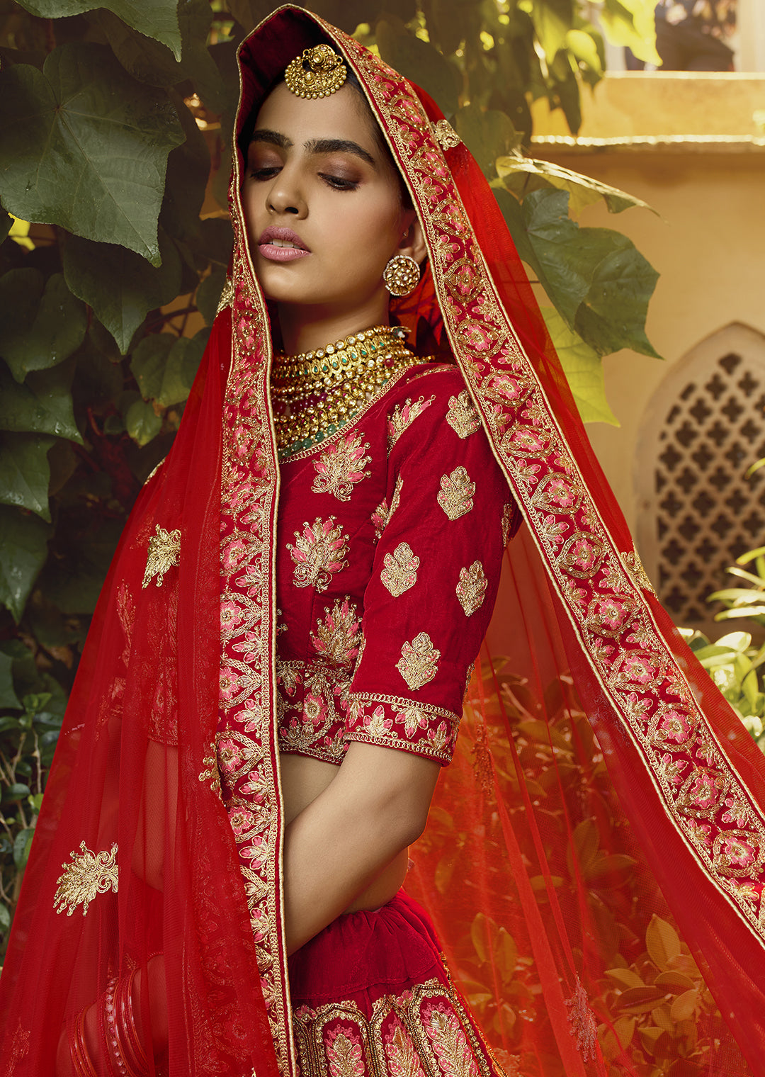 RED HEAVY ZARI EMBROIDERED PREMIUM VELVET DESIGNER BRIDAL LEHENGA