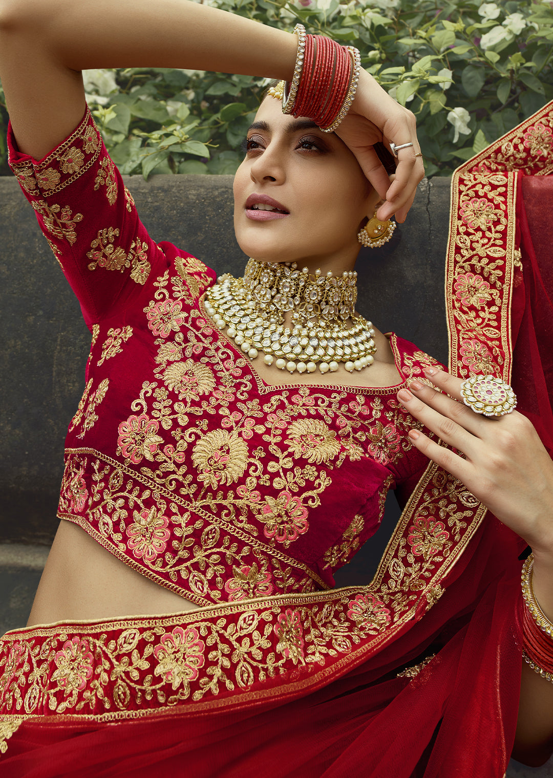 RED HEAVY ZARI EMBROIDERED PREMIUM VELVET DESIGNER BRIDAL LEHENGA