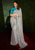 Silver White Woven Celebrities Exclusive Designer Saree with Embroidered Silk Blouse