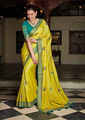 Lime Green Woven Celebrities Designer Saree with Embroidered Silk Blouse