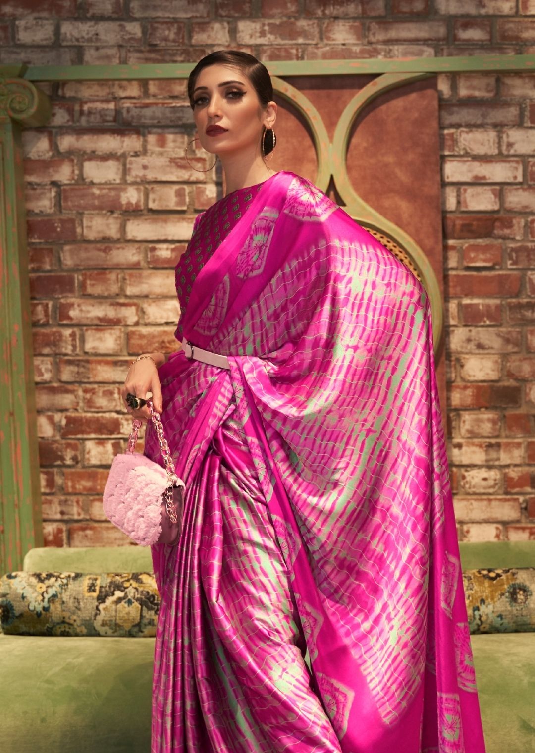 Hot Pink Digital Printed Satin Crepe Silk Saree
