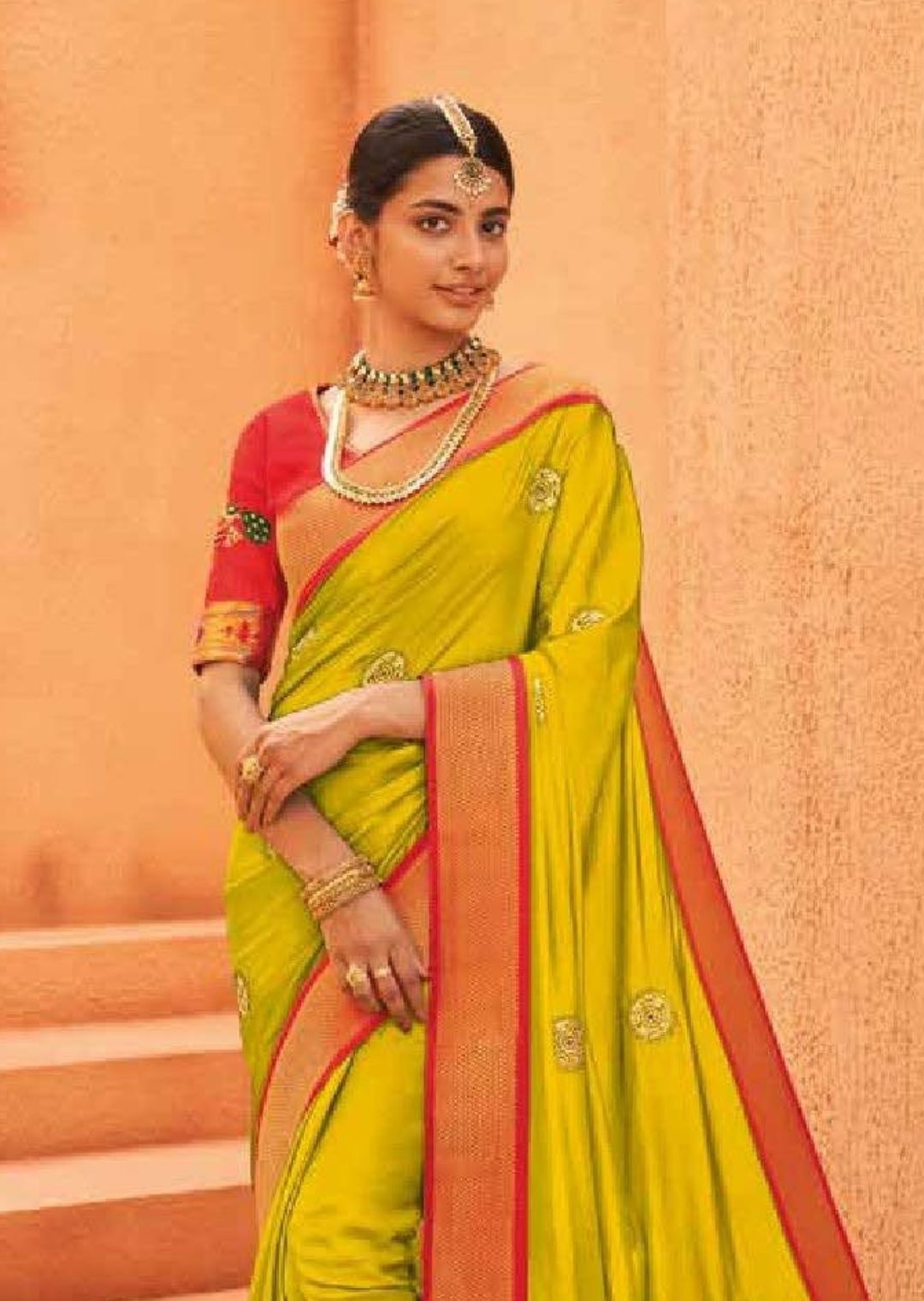 Lime Green Woven Paithani Silk Saree With Red Border