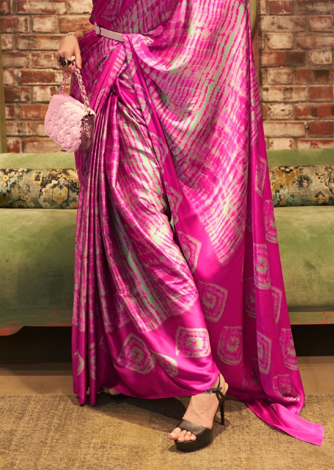 Hot Pink Digital Printed Satin Crepe Silk Saree