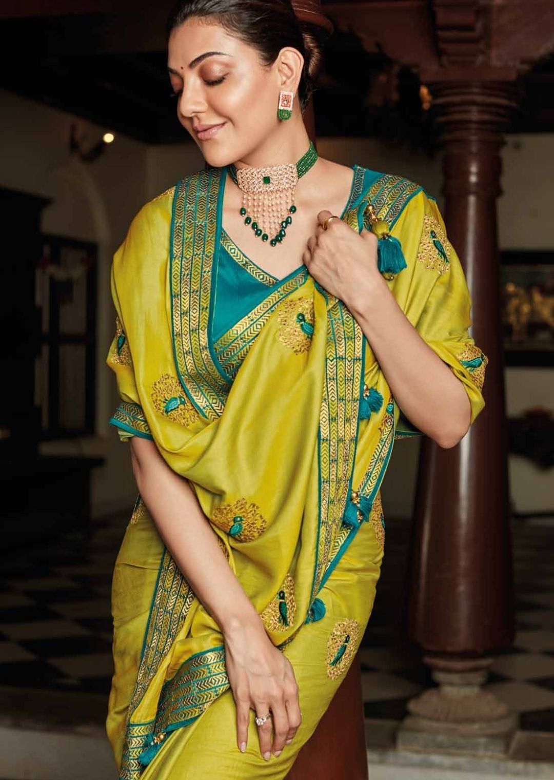 Lime Green Woven Celebrities Designer Saree with Embroidered Silk Blouse