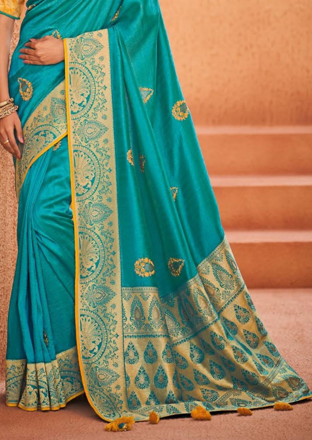 Turquoise Blue Woven Designer Silk Saree with Embroidered Silk Blouse
