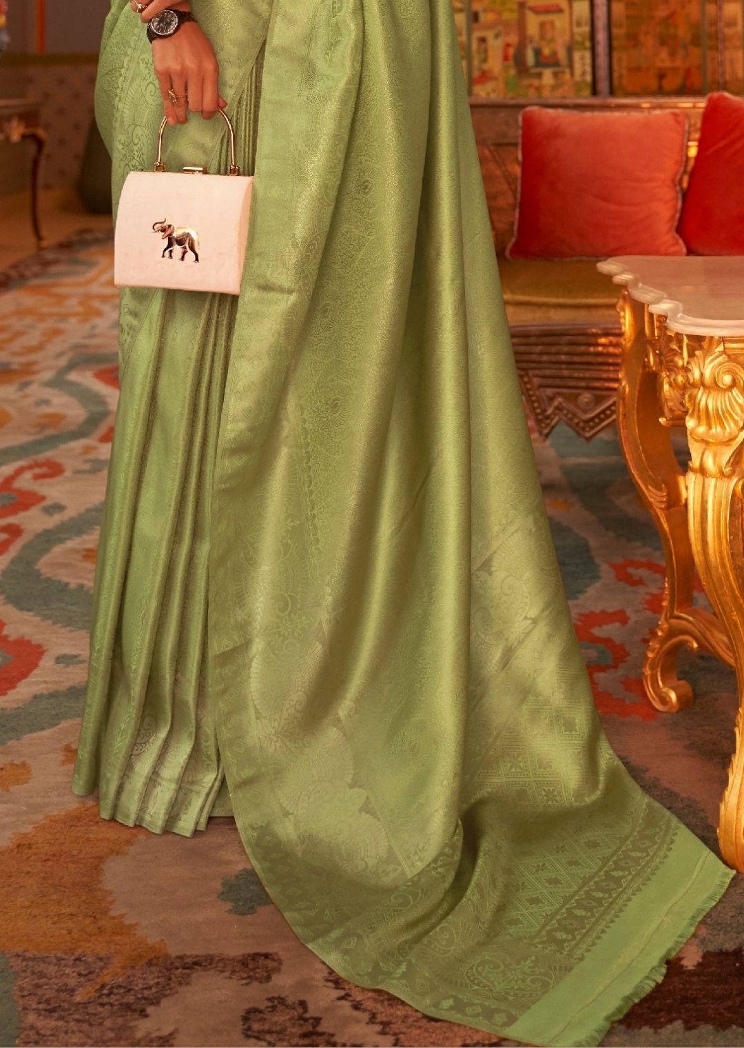 Pear Green Zari Woven Kanjivaram Satin Silk Saree