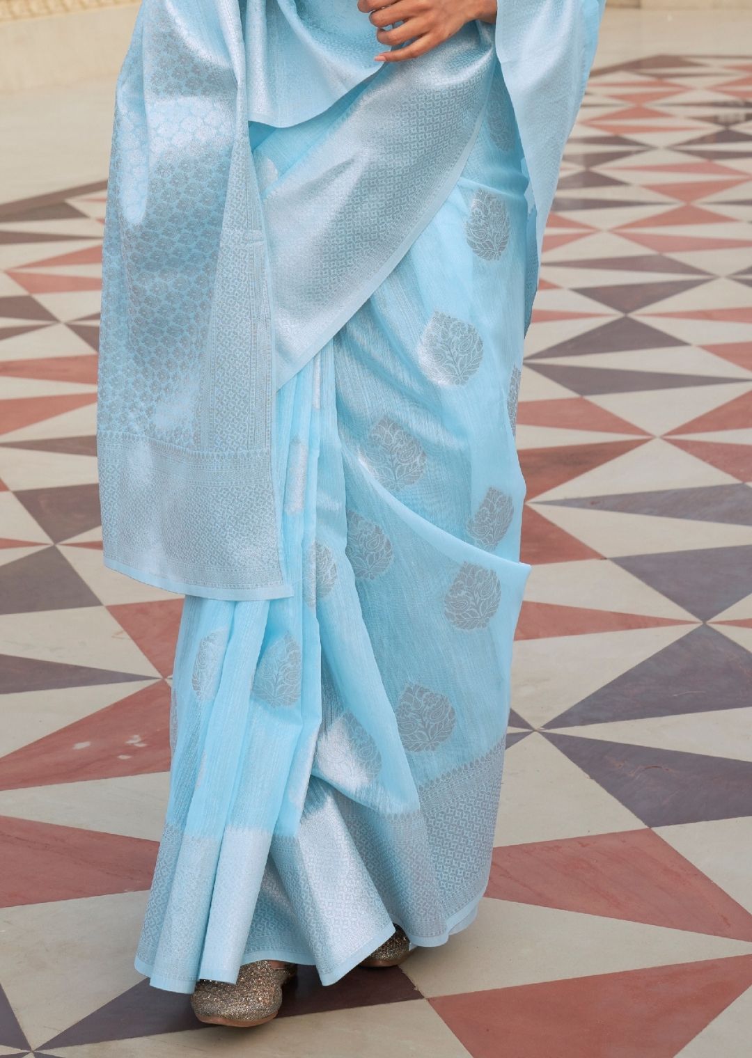 Sky Blue Zari Woven Pure Handloom Linen Saree