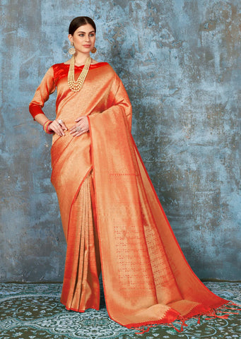 Rust Orange Hand Woven Kanjivaram Silk Saree