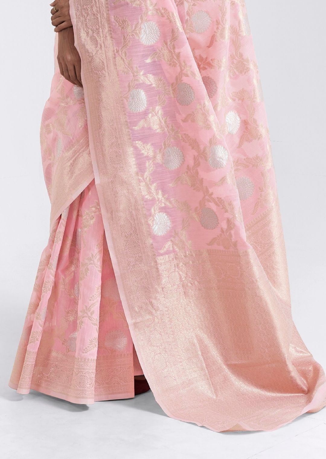 Light Lemonade Pink Zari Woven Pure Handloom Linen Saree