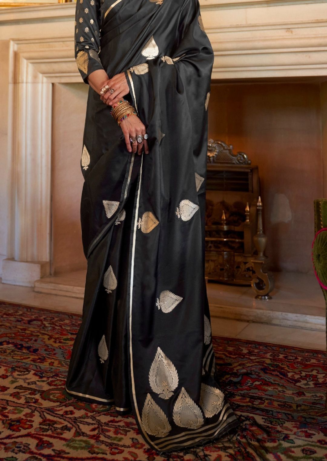 Black Woven Pure Satin Silk Saree