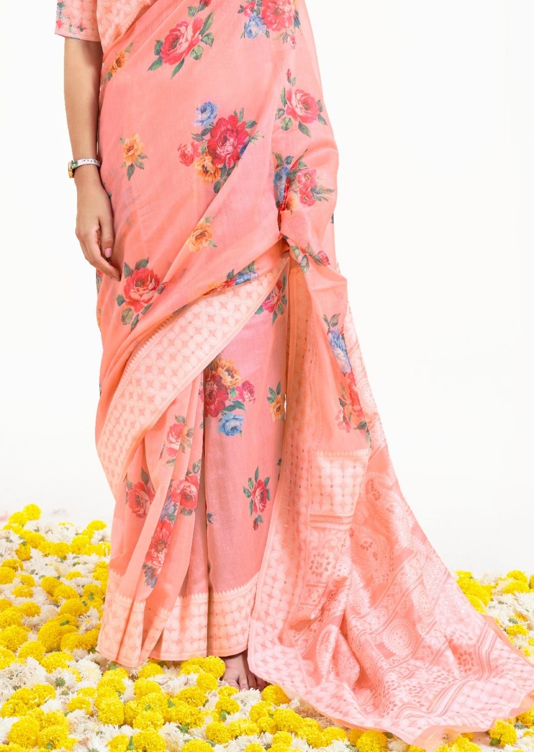 Peach Pink Hand Woven Lucknowi Cotton Saree