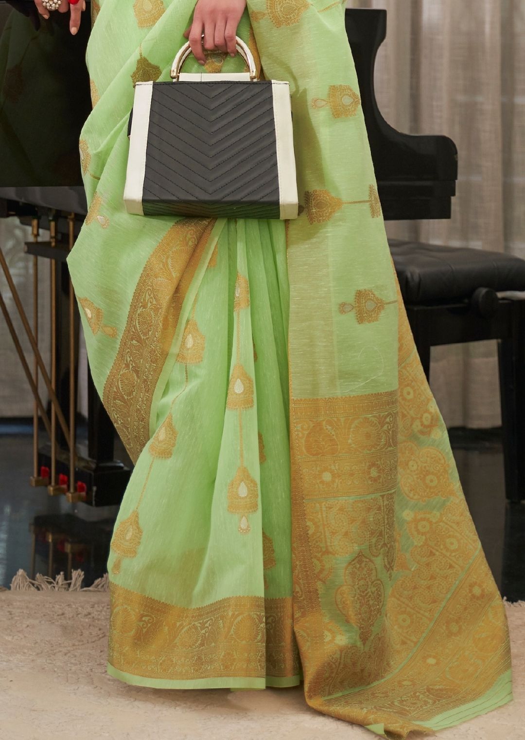 Mint Green Zari Woven Pure Handloom Linen Saree