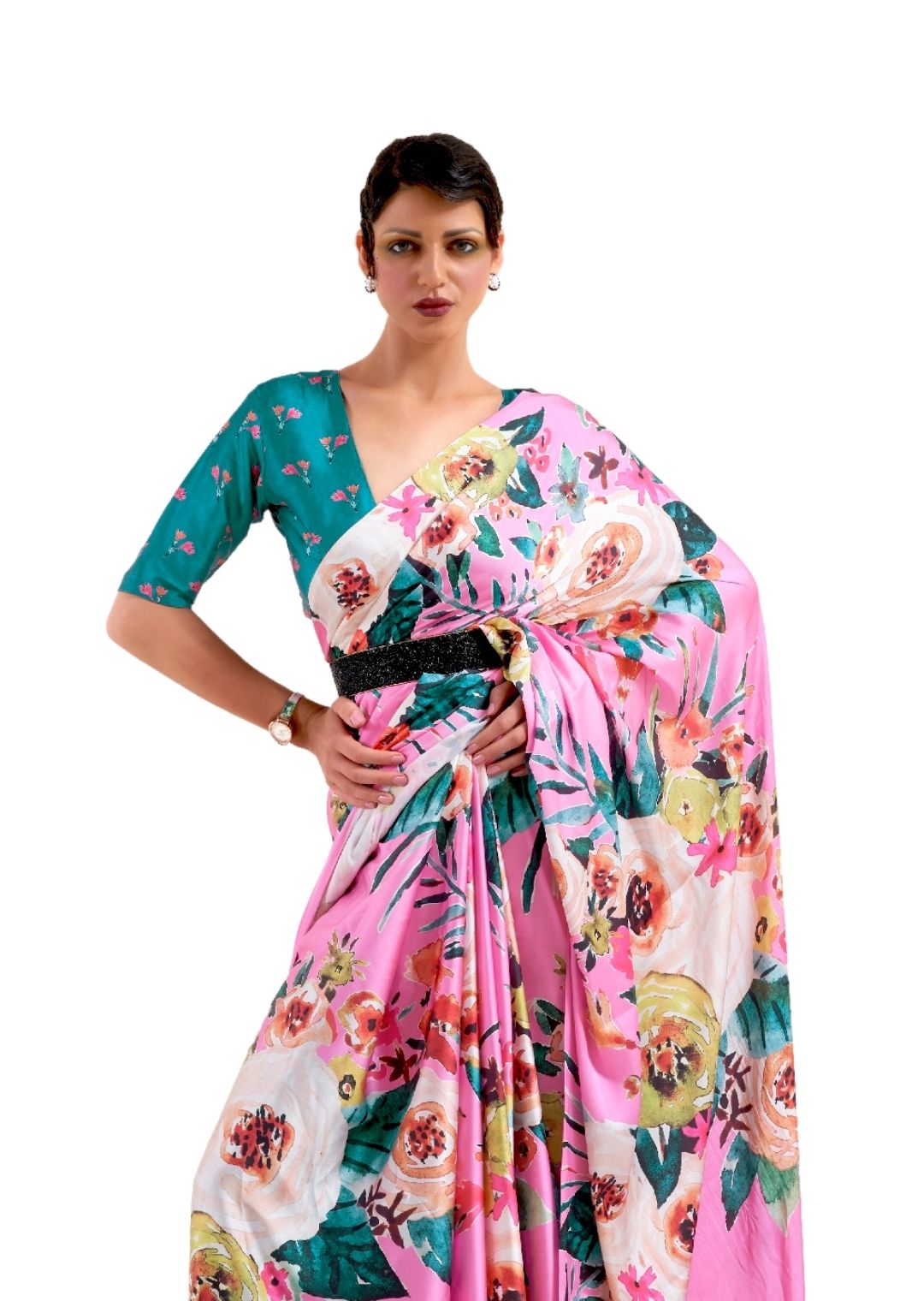 Taffy Pink Digital Printed Satin Crepe Saree