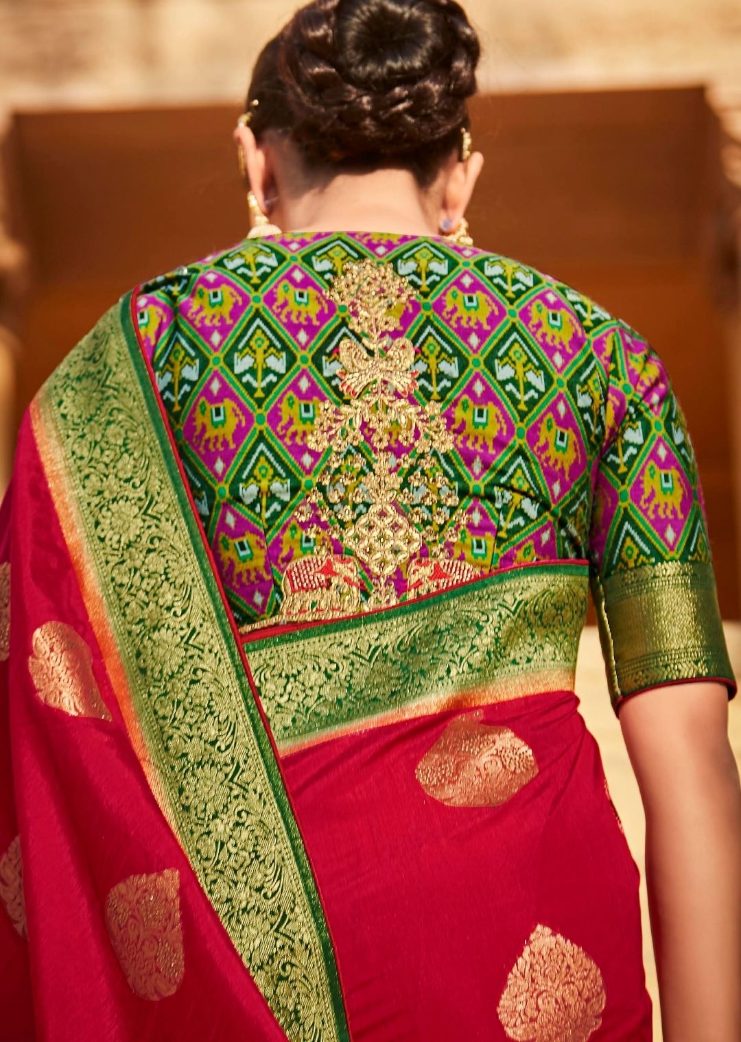 Red & Green Woven Traditional Patola Silk Saree With Embroidered Silk Blouse