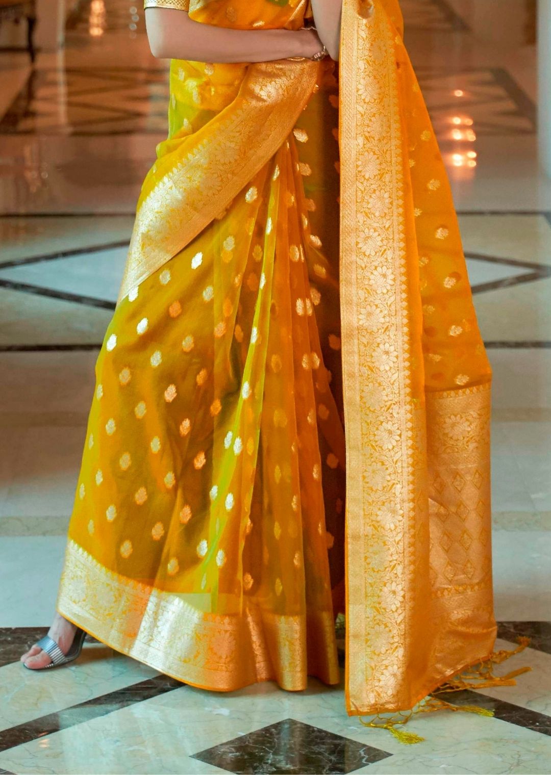 Golden Yellow Hand Woven Organza Chanderi Silk Saree