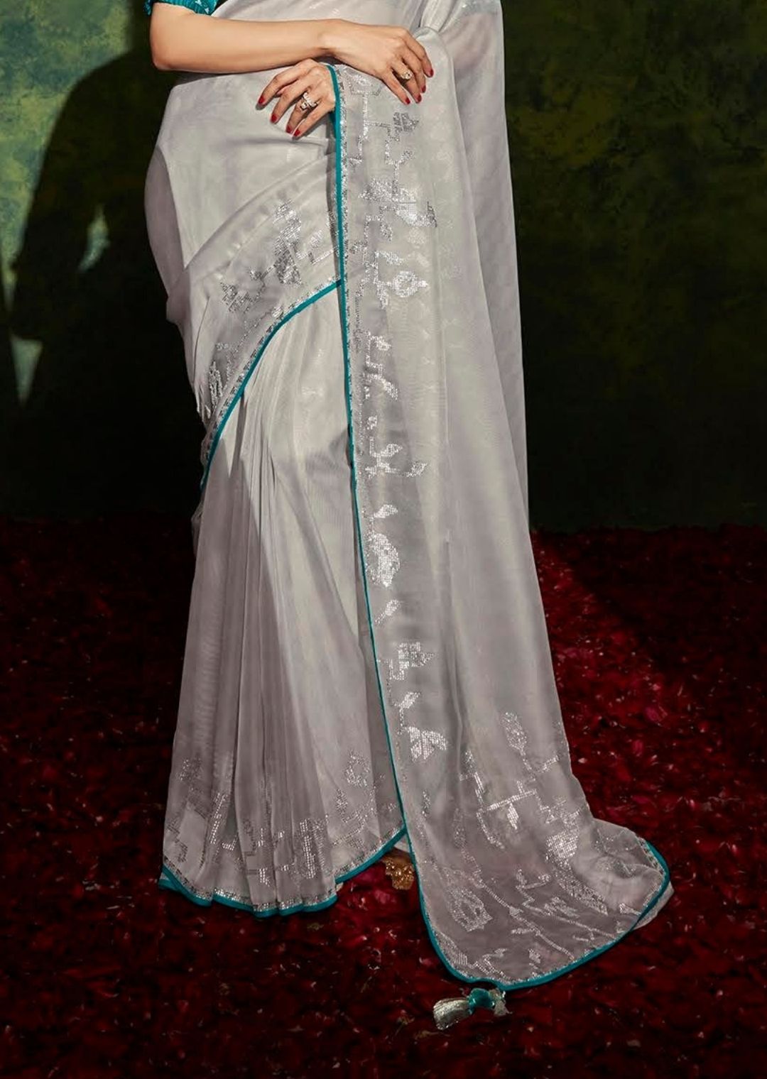 Silver White Woven Celebrities Exclusive Designer Saree with Embroidered Silk Blouse