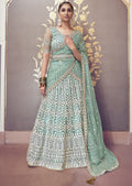 TURQUOISE GREEN HEAVY EMBROIDERED PREMIUM NET DESIGNER LEHENGA