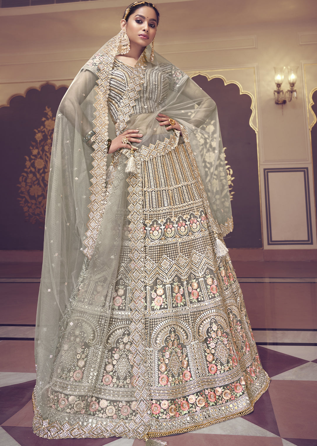 SAGE GREEN HEAVY EMBROIDERED PREMIUM NET DESIGNER LEHENGA