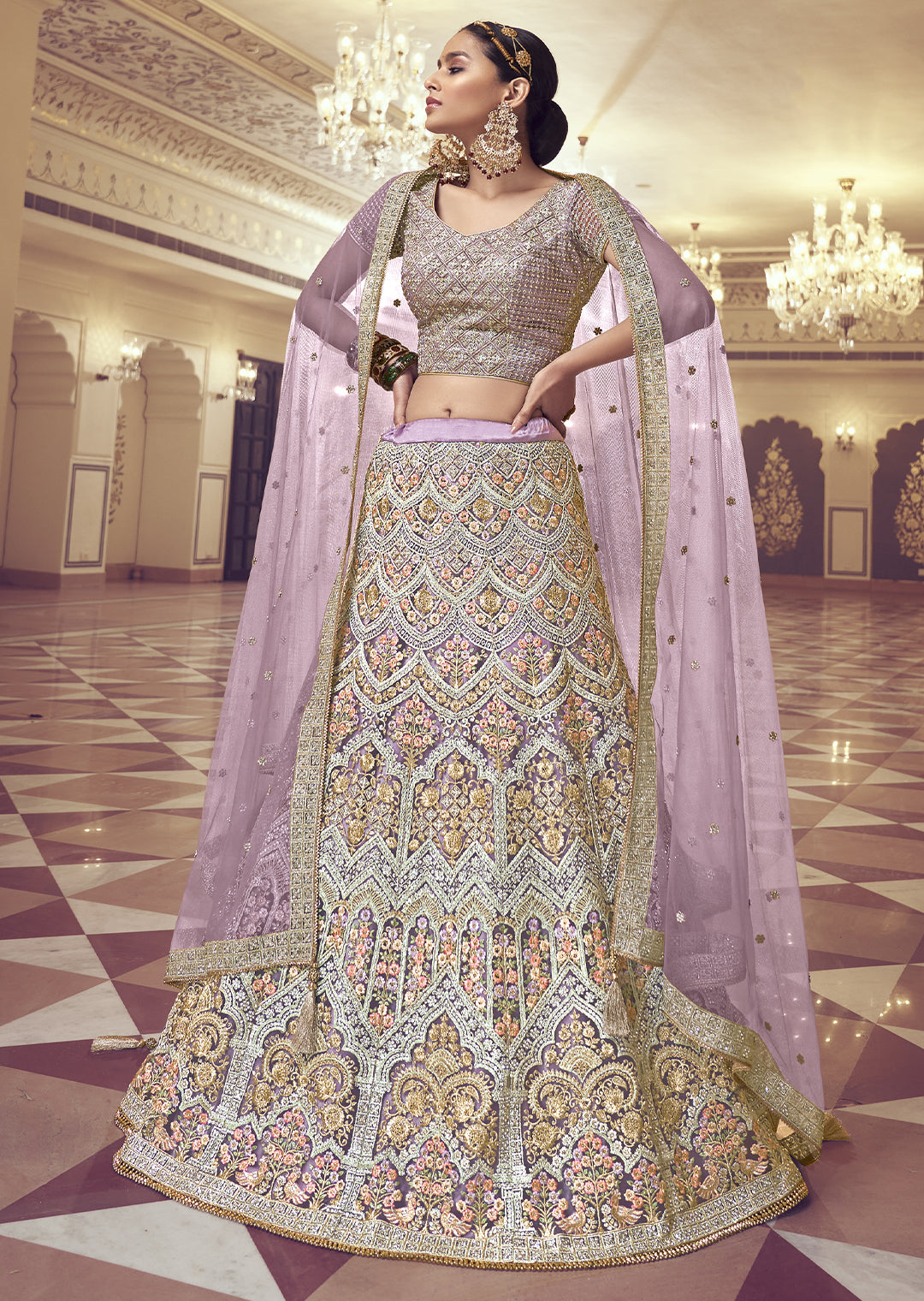 LAVENDER PURPLE HEAVY EMBROIDERED PREMIUM NET DESIGNER LEHENGA