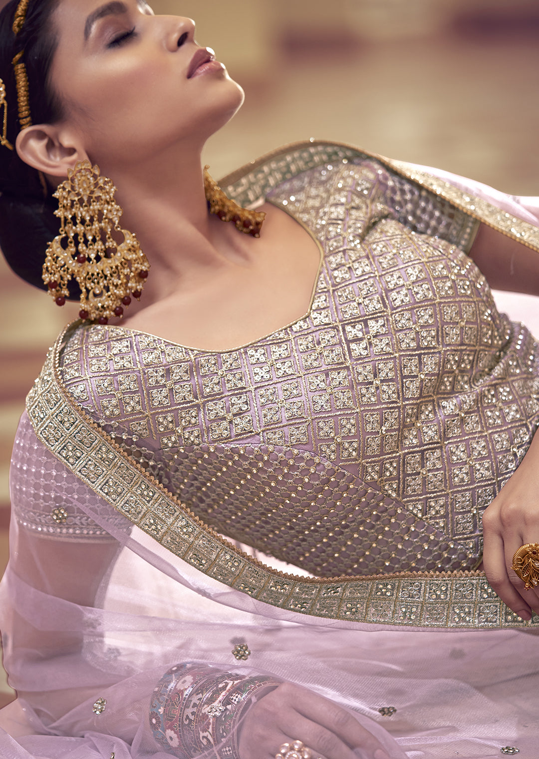 LAVENDER PURPLE HEAVY EMBROIDERED PREMIUM NET DESIGNER LEHENGA