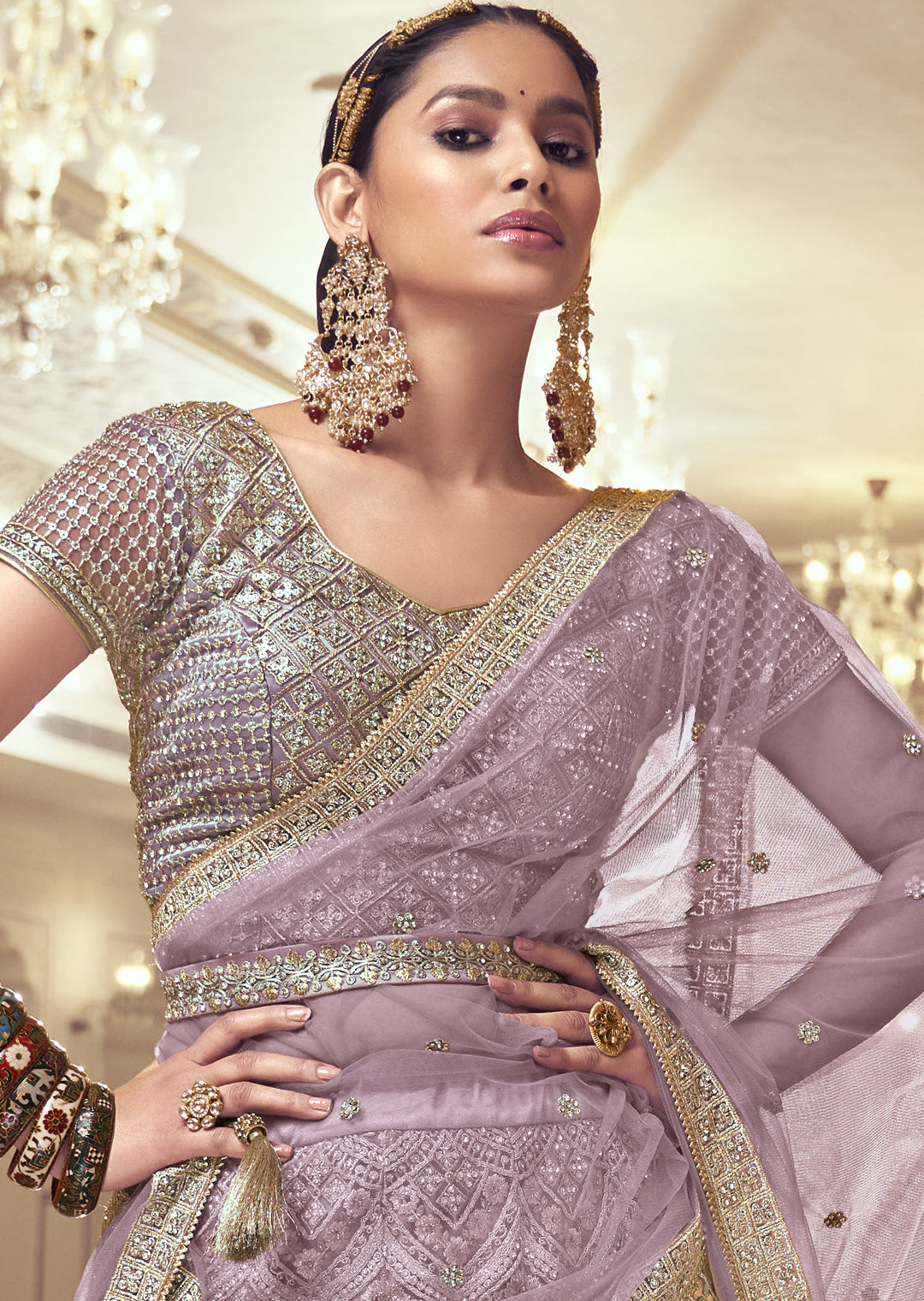 LAVENDER PURPLE HEAVY EMBROIDERED PREMIUM NET DESIGNER LEHENGA