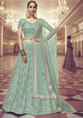 PALED TURQUOISE GREEN HEAVY EMBROIDERED PREMIUM NET DESIGNER LEHENGA