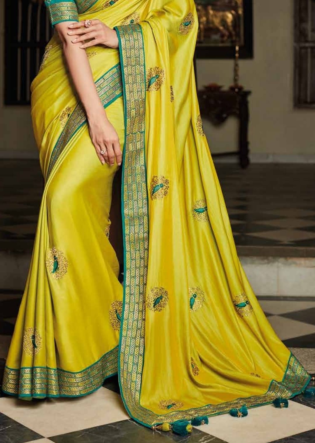 Lime Green Woven Celebrities Designer Saree with Embroidered Silk Blouse