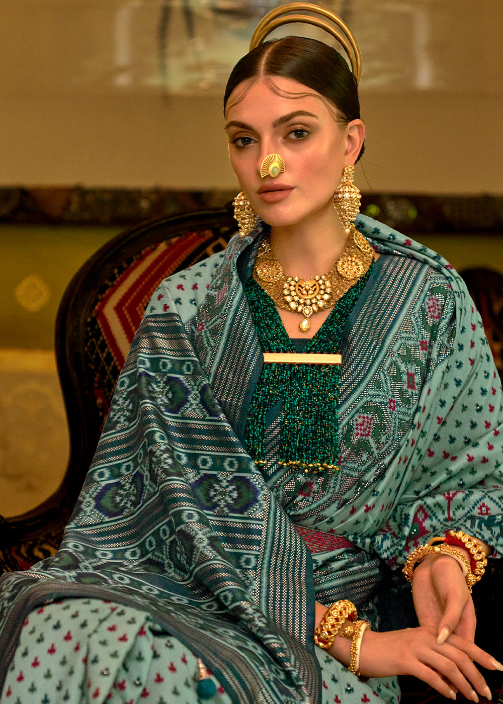 MINT GREEN WOVEN MANGALKARI PATOLA SILK SAREE
