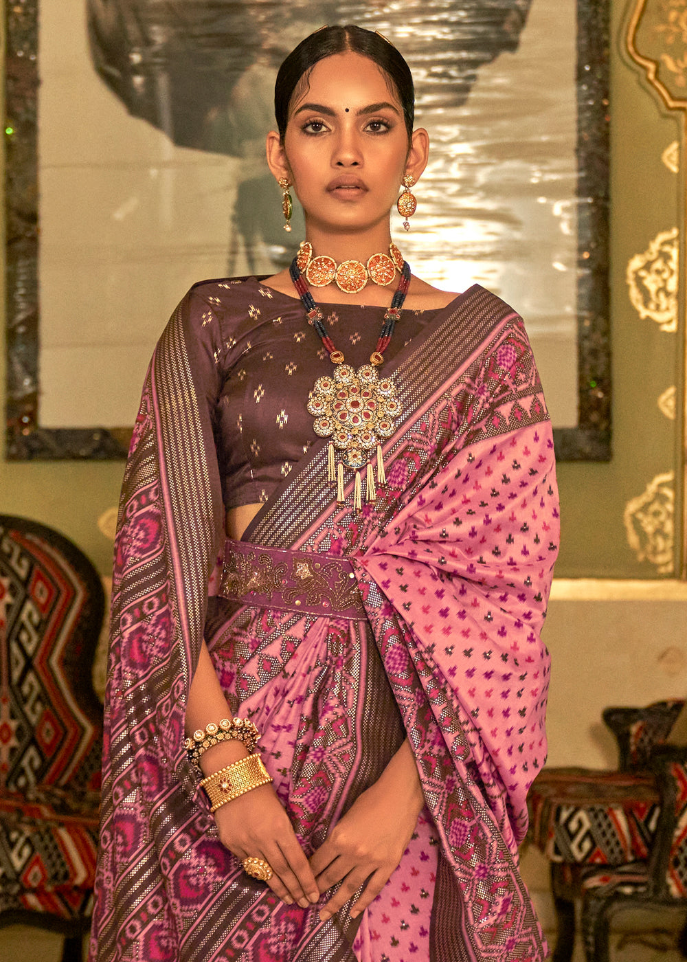 ROSE PINK WOVEN MANGALKARI PATOLA SILK SAREE