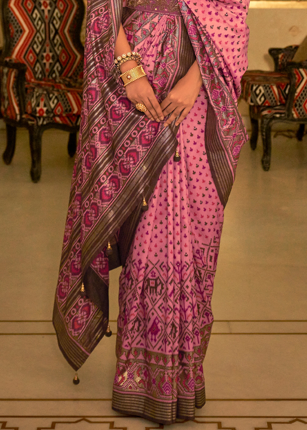 ROSE PINK WOVEN MANGALKARI PATOLA SILK SAREE
