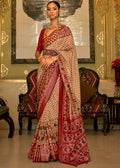 BEIGE WOVEN MANGALKARI PATOLA SILK SAREE