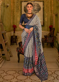 NAVY BLUE AND WHITE WOVEN MANGALKARI PATOLA SILK SAREE
