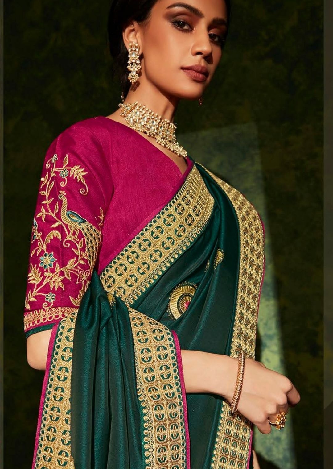 Bottle Green Woven Celebrities Exclusive Designer Saree with Embroidered Silk Blouse