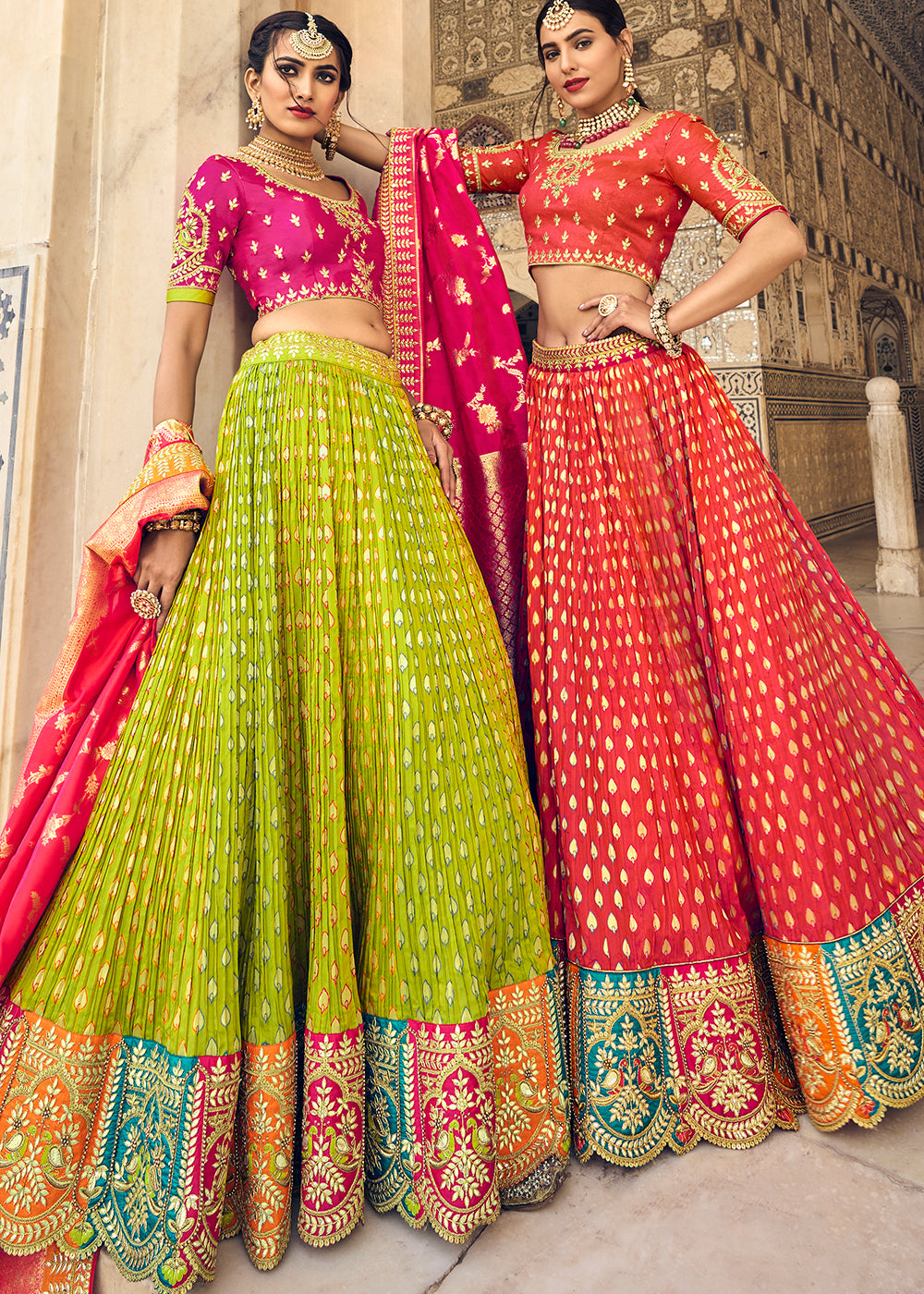 PARROT GREEN EMBROIDERED PREMIUM SILK LEHENGA zarikaariindia