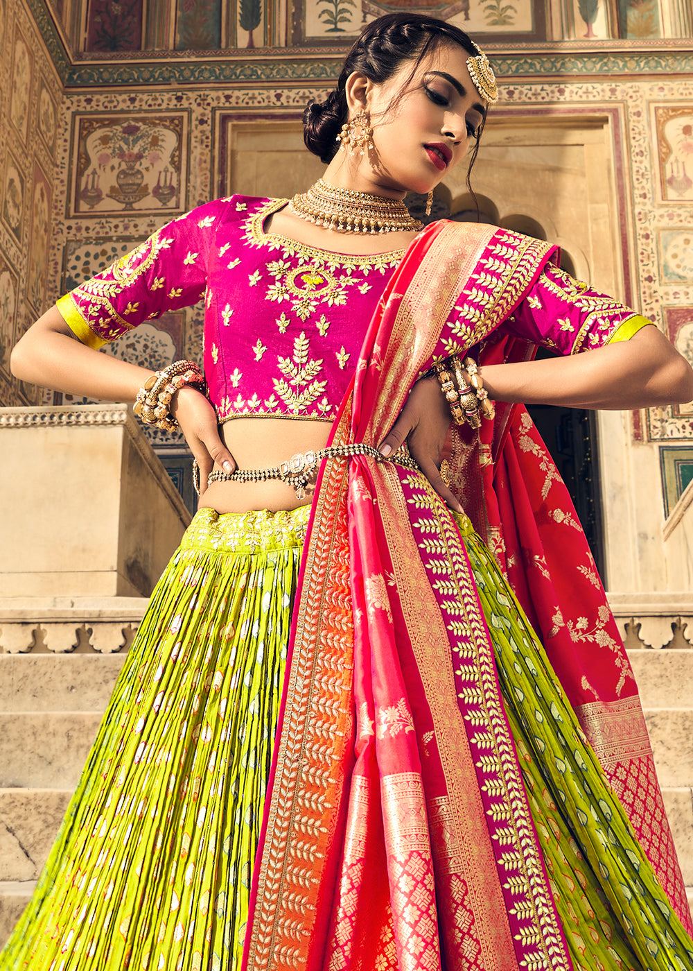 Parrot Green lehenga choli set made with a gorgeous georgette fabric and  designed with exquisite mirror resham and cut-dana work - House of Surya