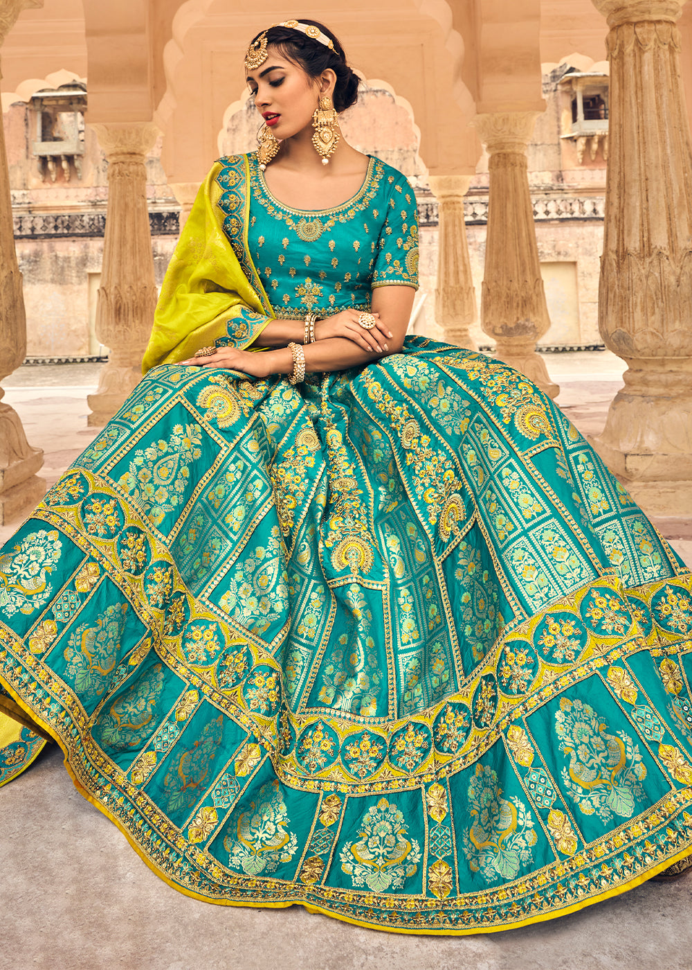 TURQUOISE BLUE EMBROIDERED PREMIUM SILK LEHENGA