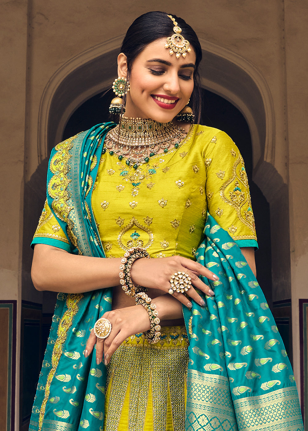 LIME GREEN EMBROIDERED PREMIUM SILK LEHENGA