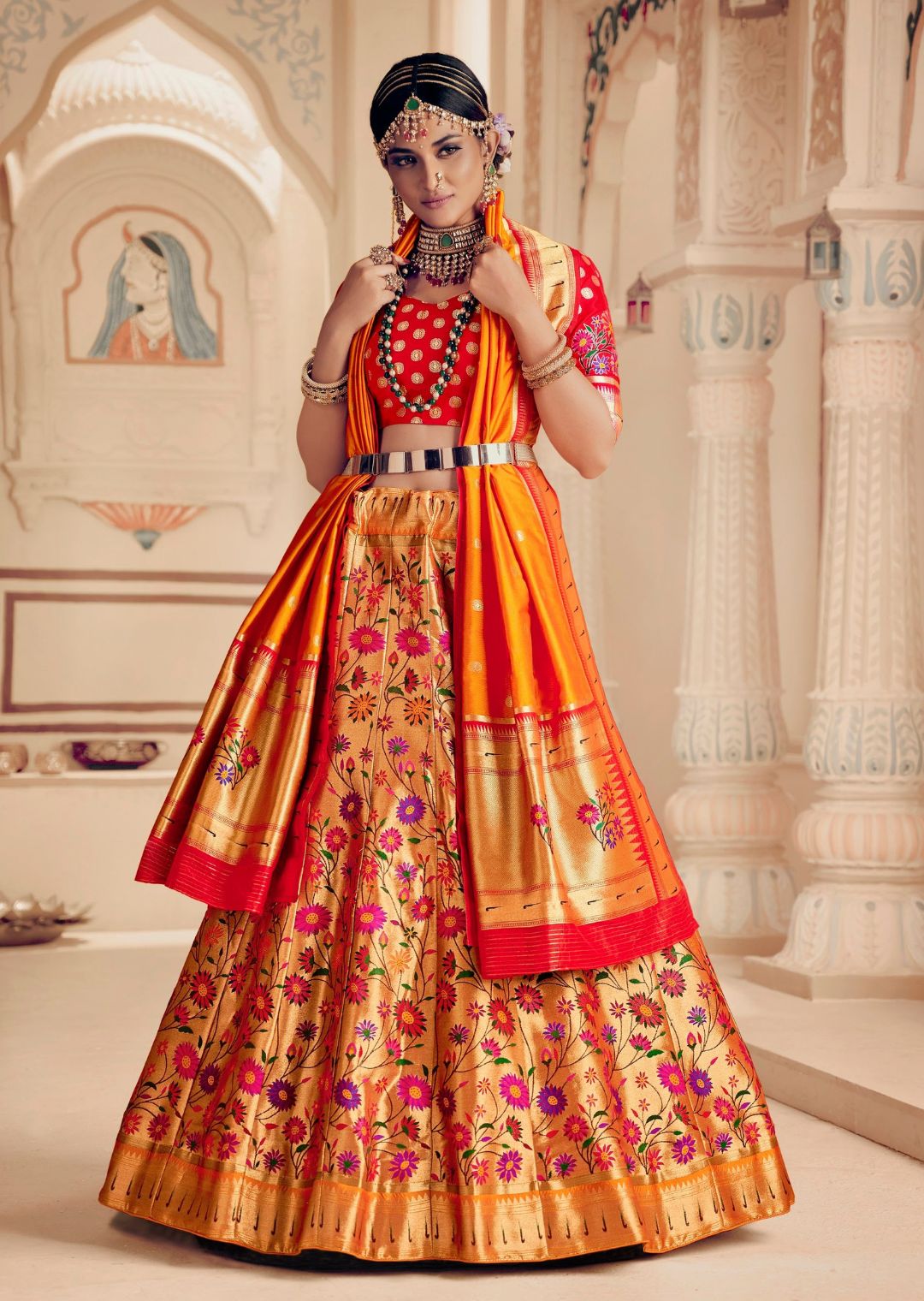 Golden Mustard Yellow Woven Paithani Silk Lehenga