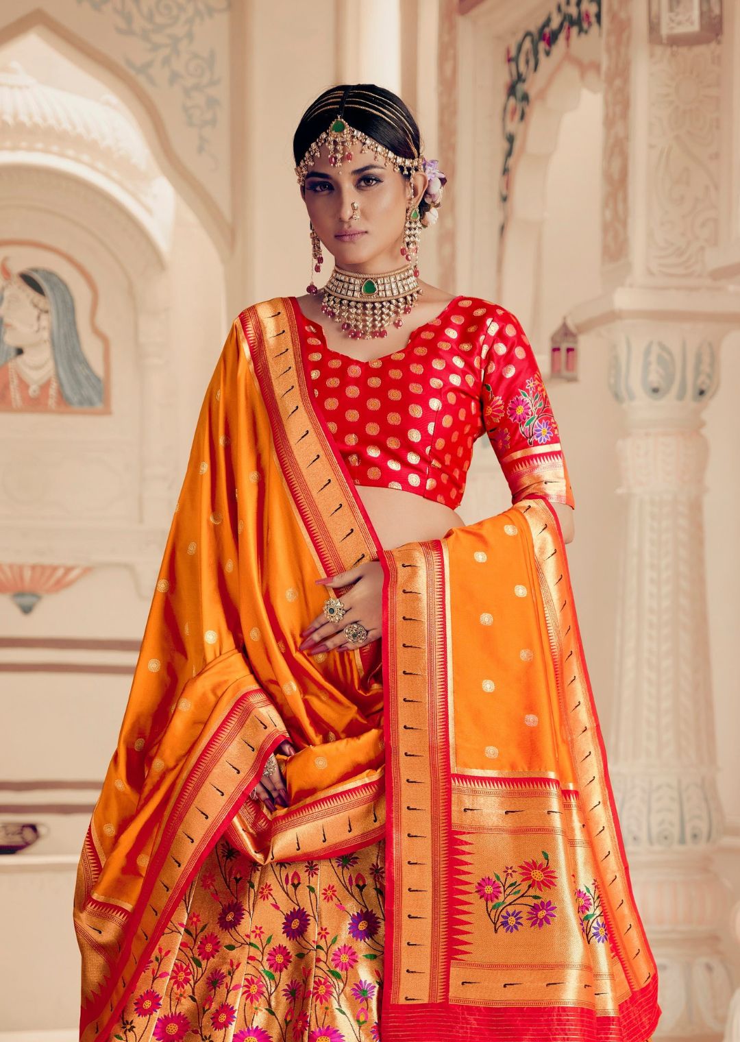 Golden Mustard Yellow Woven Paithani Silk Lehenga