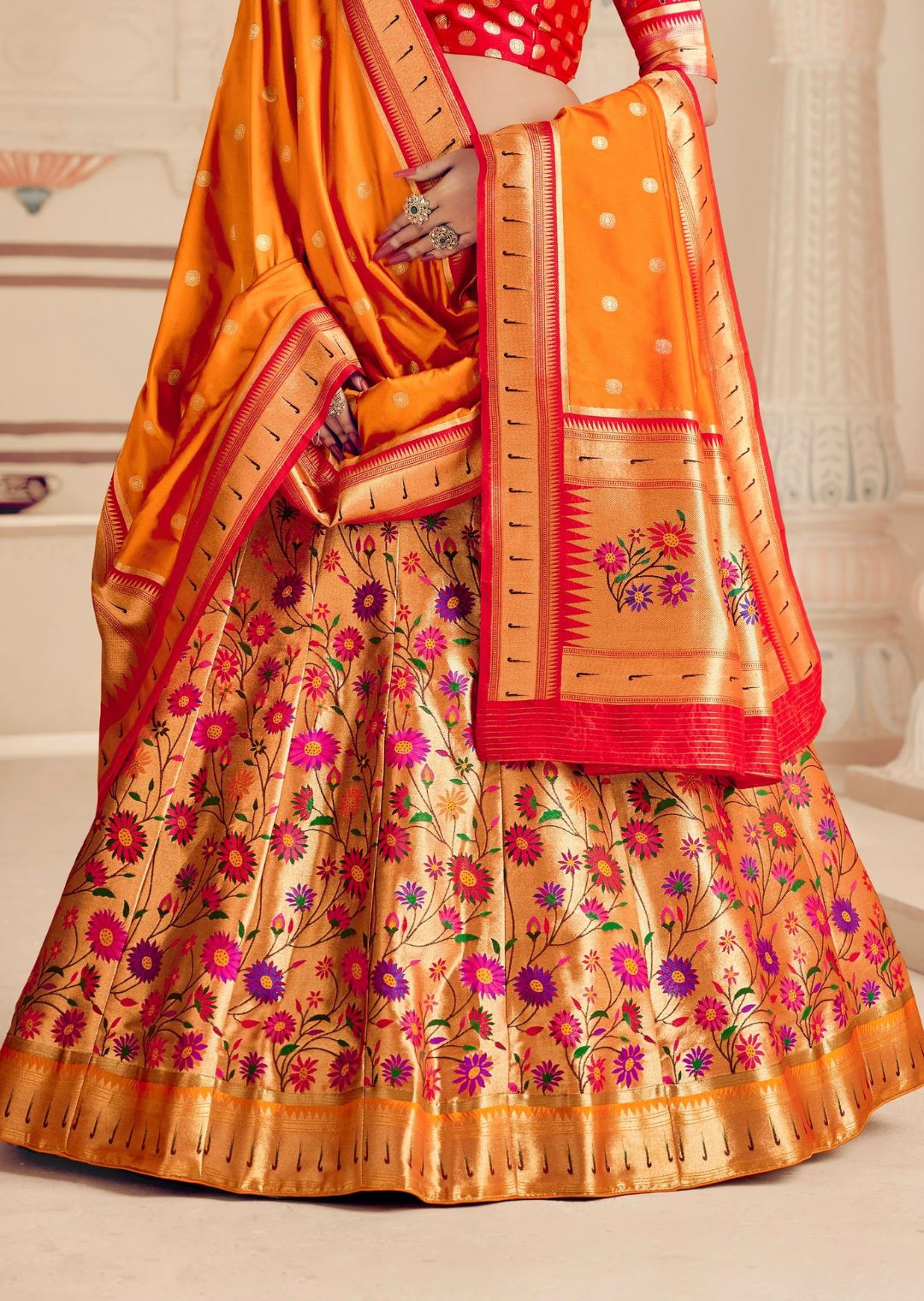 Golden Mustard Yellow Woven Paithani Silk Lehenga