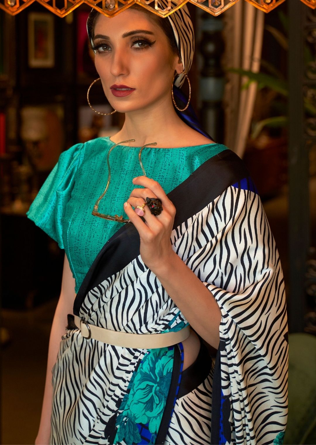 Abstract White & Blue Digital Printed Satin Crepe Silk Saree