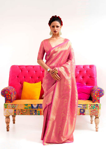 Hot Pink Hand Woven Kanjivaram Silk Saree